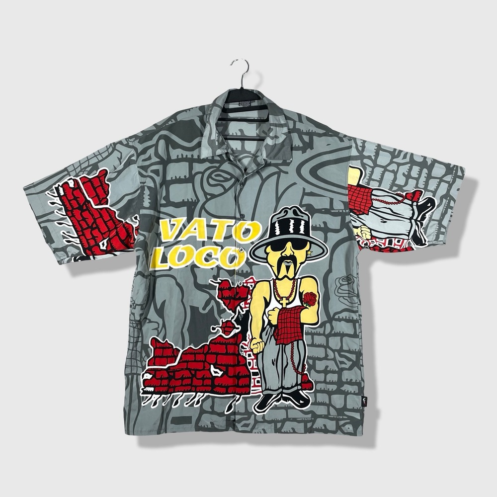 Ibeu Vato Loco Button Up Shirt Mens XXL Gray Chicano Streetwear Graphic Print